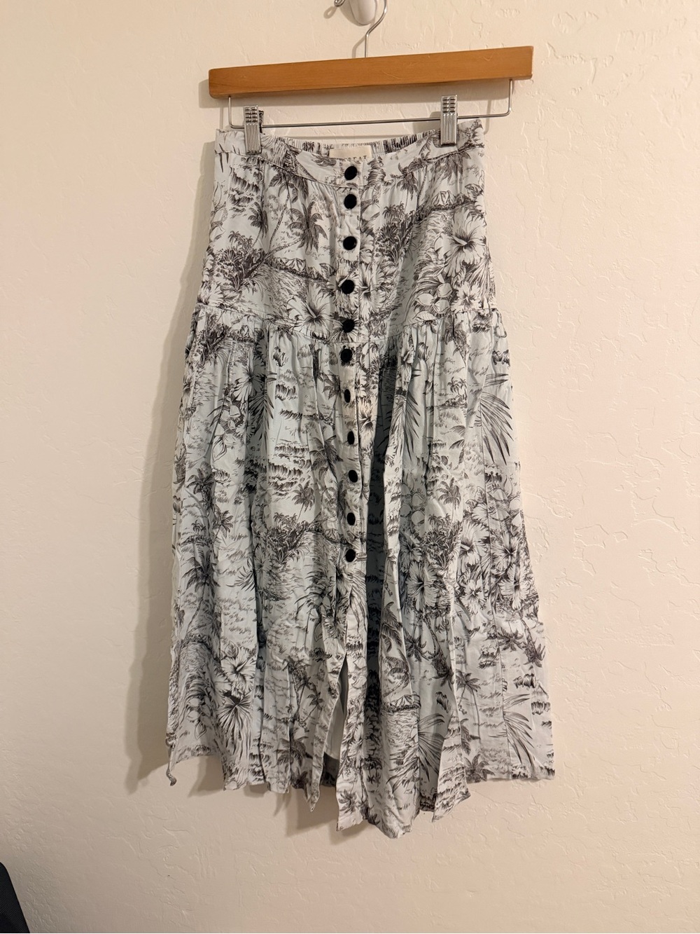 THE GREAT. Printed Button-Front Midi Skirt Blue Black Botanical Linen Cotton 0